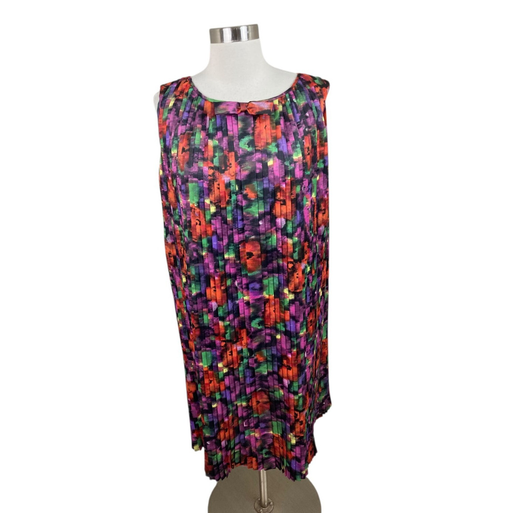 Vintage Tergal Paris France Watercolor Floral Pleated Shift Dress L Art to Wear